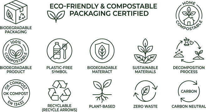 Eco-friendly compostable packaging certification icons set for sustainable branding materials