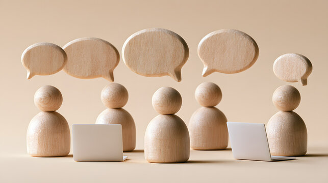 Wooden figures with laptops and speech bubbles represent online communication, social networking, digital business teamwork, remote work, modern corporate interaction, and connection concepts in minim