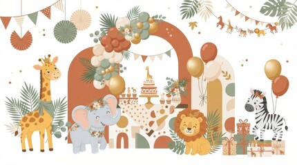 Fototapeta premium Decorations for a baby shower party with animal themes. Giraffe, elephant, lion, and zebra set among gifts and balloons.