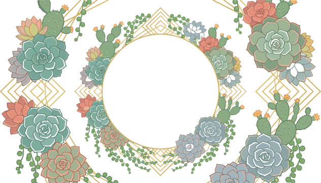 Elegant geometric gold frame background vector with green desert succulent plants cactus botanical leaves and blank circle copy space