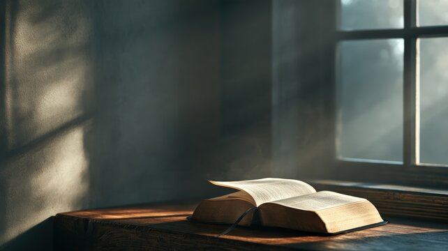 Open Bible with Turning Page in Morning Light, Atmospheric Christian Background for Worship and Holy Spirit Themes