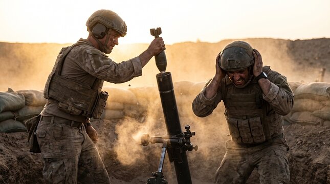 Military Mortar Crew Firing in Fortified Trench at Sunset During Combat Operation