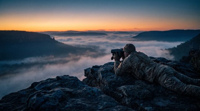 Military spotter lying on high cliff edge using optical surveillance device above foggy mountain valley at sunrise