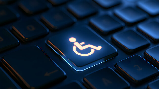 Accessibility symbol glowing brightly on a dark computer keyboard key in a dimly lit office environment symbolizing inclusion and digital equality for disabled users worldwide with modern technology d