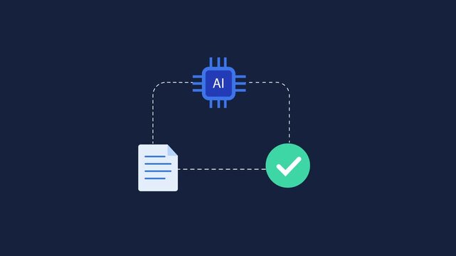 AI-powered document verification workflow with a file, processor chip, and approval checkmark connected on a dark blue background.