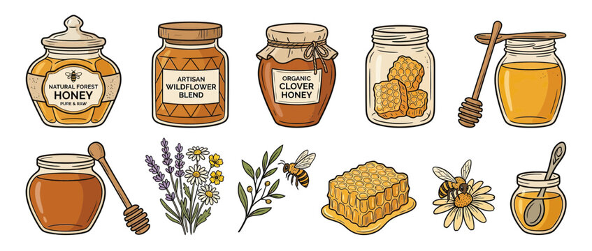 Sweet Honey Collection with Bees and Flowers, Isolated