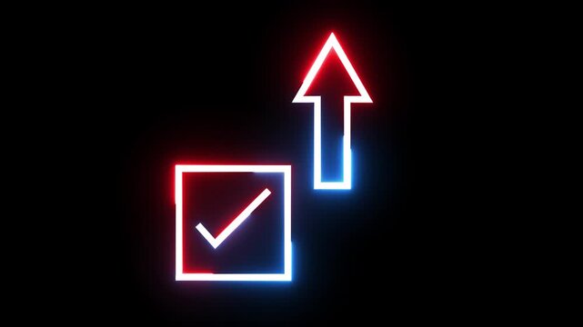 Neon check box with rising arrow symbol glowing against dark black background motion graphic