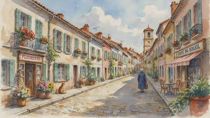 Fototapeta premium Old town street with beautiful houses and design elements, watercolor illustration for wallpaper, banner or card, horizontal city landscape.