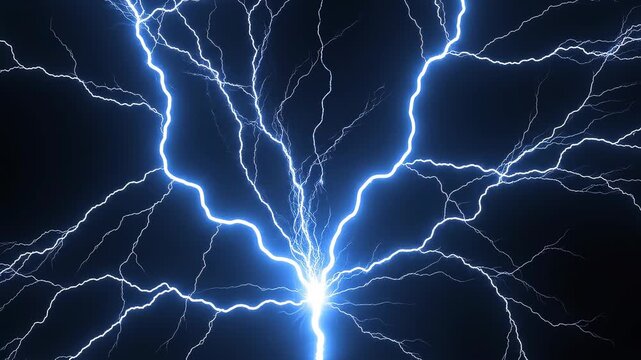 Electric blue lightning striking in a dark sky with cinematic motion and bright energy bursts