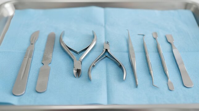 Podiatry Medical Instruments Laid Out on Blue Sterile Towel in Metal Tray
