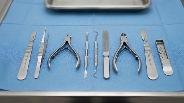 Professional Podiatry and Chiropody Medical Tools Arranged on Blue Sterile Tray
