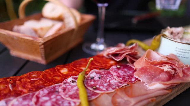 Close up video of a person taking a glass of water from a table with a charcuterie board in a restaurant.