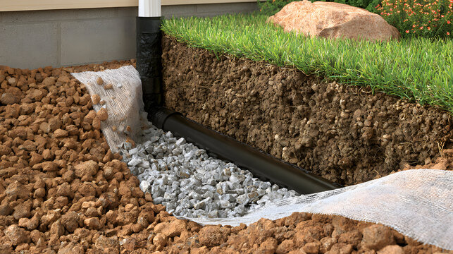 Cross section showing yard drainage pipe installation with gravel base, geotextile fabric lining, soil layers, grass turf, and foundation wall for home water management system protection against damag