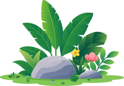 Lush Tropical Foliage with Grey Rocks and Vibrant Flowers Arranged for Nature-Themed Graphic Design and Web Backgrounds