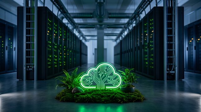 A glowing green cloud computing icon made of circuit patterns placed on moss with plants inside a modern data center server room