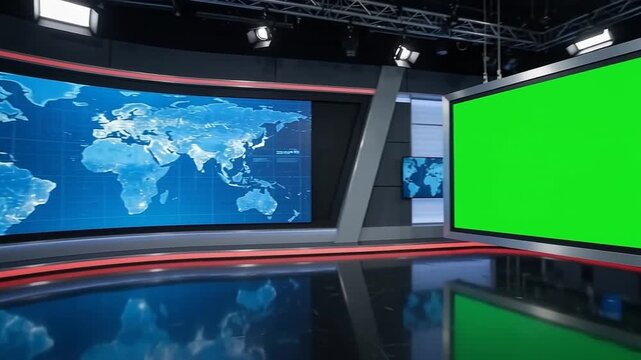 Modern Television News Studio Broadcast Set with Green Screen Display