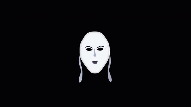 Animated abstract mask with white face and dark eyes against black background, representing mystery and disguise