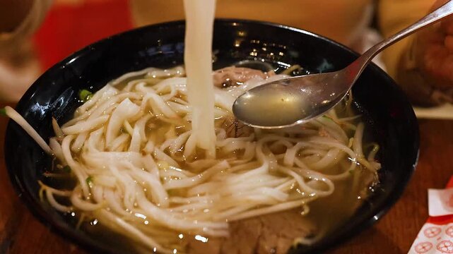 Close up of person picking up pho noodles with chopsticks and spoon from a black bowl of soup.