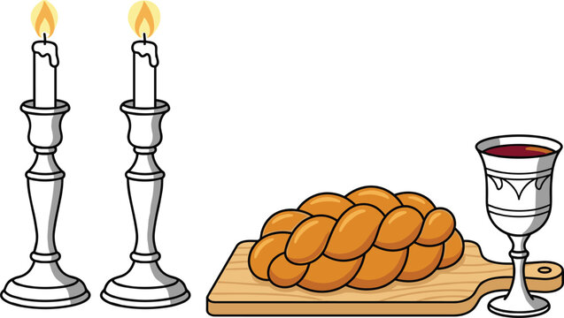 Jewish Shabbat traditional vector illustration featuring two burning candles in silver candlesticks braided challah bread on board and kiddush wine cup