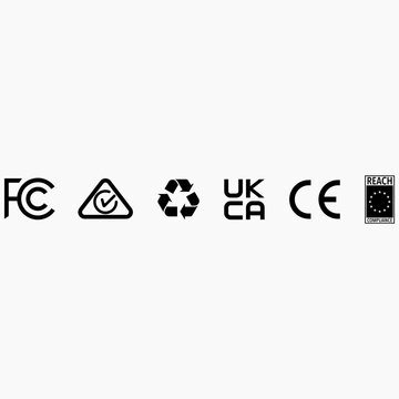 FCC, RCM, Recycle, UKCA, CE and REACH Certification Icons Set
