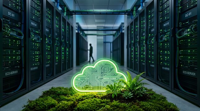 Green cloud computing concept with circuit board pattern and plants in a sustainable ecofriendly server room data center