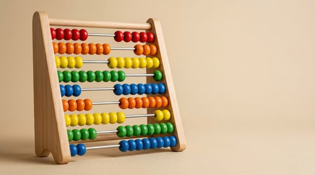Wooden abacus with colorful beads serves as tactile math calculator for arithmetic learning and education in preschool classroom setting on clean beige background.