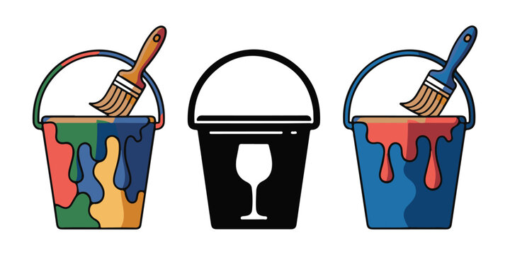 Colorful paint buckets with brushes set in artistic style for creative design or wall painting job.
