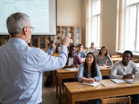An older male teacher stands in front of a class, teaching a diverse group of students at their desks. The educator gesticulates while explaining a concept.
