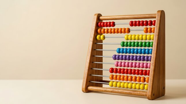 Colorful wooden abacus with bright beads sits on clean table surface as traditional calculator for mathematics education and preschool learning skills.