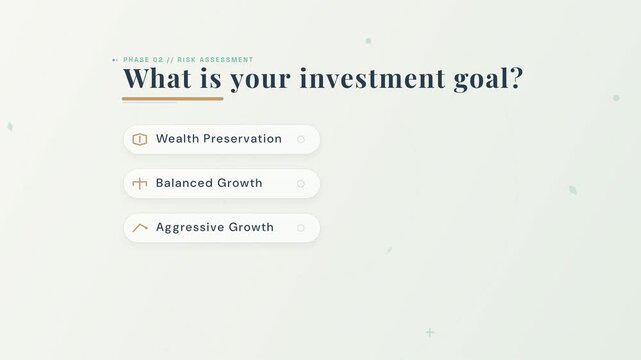 Motion graphics animation of a robo advisor app interface showing a risk assessment questionnaire where aggressive growth is selected revealing a recommended portfolio allocation and projected return