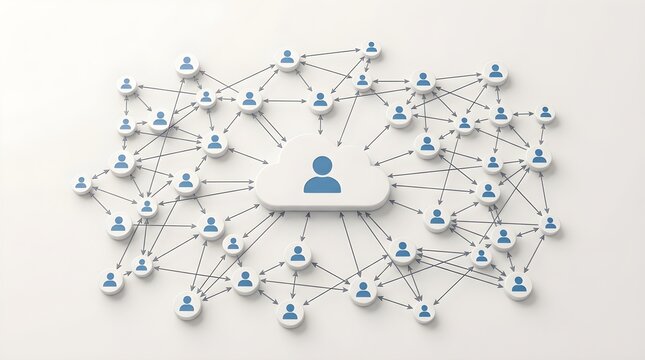 Network of interconnected people icons connected to a central cloud computing hub representing global digital communication and social networking