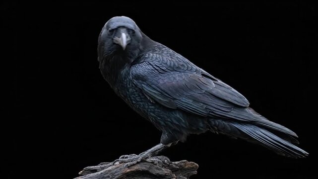 Large black raven perched on a wooden branch against a dark backdrop