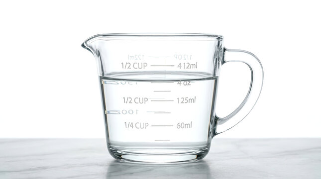 Transparent glass measuring cup and beaker filled with pure water liquid on modern white marble table for precise kitchenware measurement in bright minimalist setting.