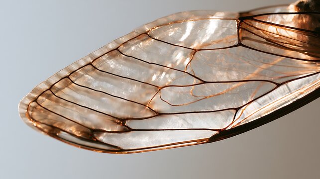 Macro photograph of a transparent cicada insect wing showing intricate vein structure.