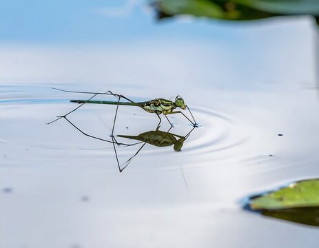 Delicate water strider insect with long legs skillfully navigates rippling pond surface, showcasing perfect balance and reflection.