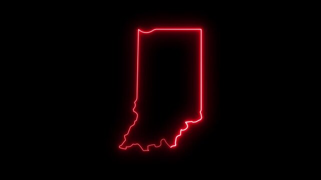 Indiana state map outline with glowing red neon light effect on black background