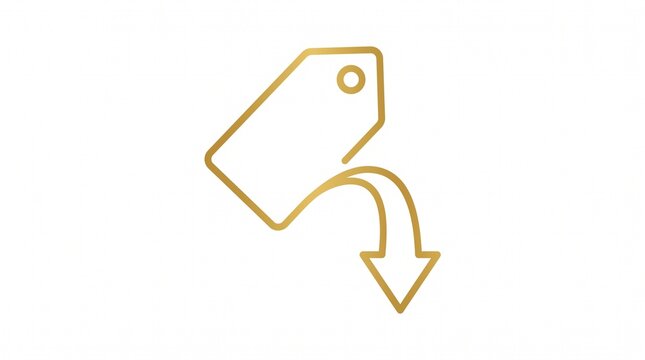 Gold outline price tag icon with downward pointing arrow on white background discount shopping commerce business