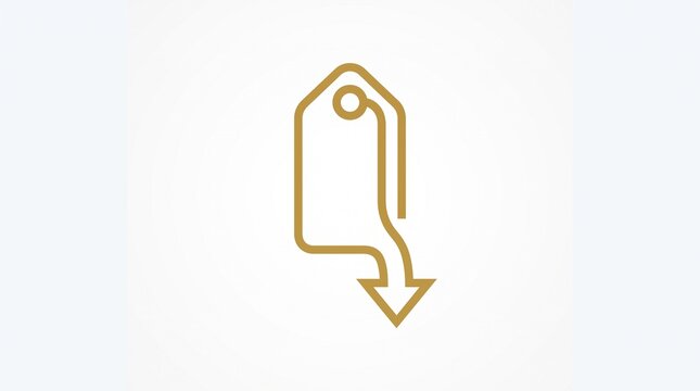 Gold outline price tag icon with downward pointing arrow on light gray background discount shopping commerce business
