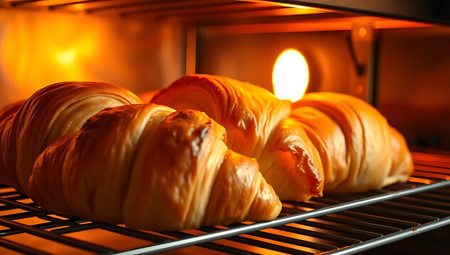 Batch of Golden Butter Croissants Baking in Oven