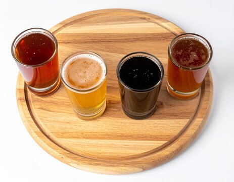 Flight of four different craft beers in glasses served on a round wooden tray for Munich Oktoberfest tasting.