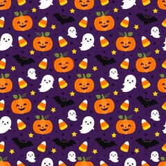 Obraz premium Cute Halloween Seamless Pattern with Smiling Pumpkins, Friendly Ghosts, Bats, and Candy Corn on Dark Purple Background