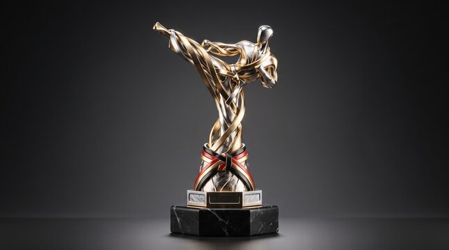 Gold martial arts championship trophy with intricate design on black pedestal in studio setting