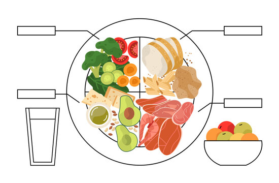 Balanced plate diagram healthy habits nutrition guide showing vegetables proteins grains healthy fats fruits water colorful flat design on white background