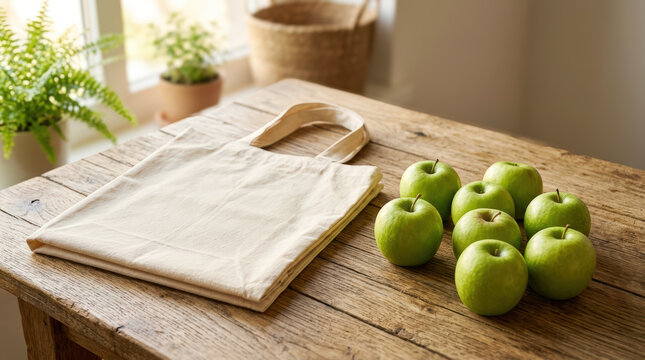 Canvas tote bag and basket of fresh malus domestica apples sit on rustic wood table near window with green polypodiopsida plant in bright minimalist home interior.