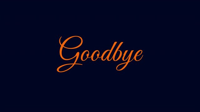 Elegant orange cursive handwriting animation of the word Goodbye appearing on a dark blue background for video endings and farewell messages with a simple and clean style