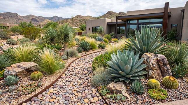 A modern desert xeriscape garden featuring architectural succulents, agaves, ornamental grasses, river rocks, and boulders under bright daylight.