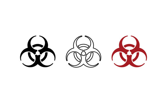 Biohazard symbol set in black, outline, and red styles, biological hazard warning icon collection, toxic waste sign vector illustrations