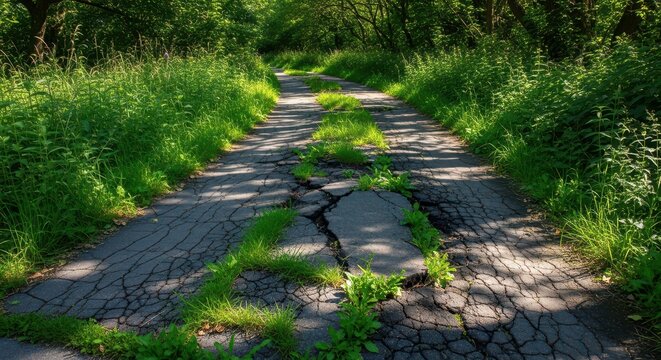 Cracked Pathway Surrounded by Lush Greenery in Natural Environment