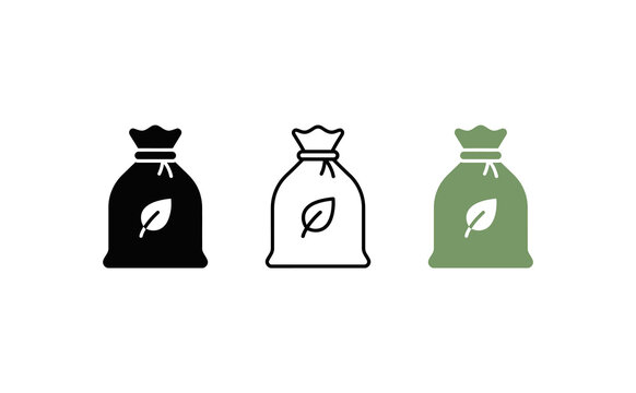 Eco friendly fertilizer sack icon set, organic soil bag vector illustration, agricultural compost and gardening supply symbols
