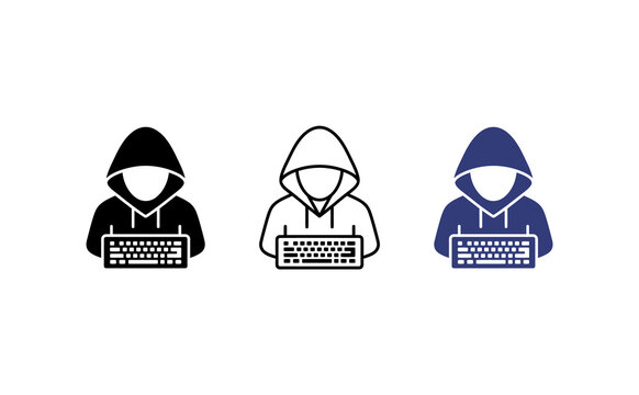 Hacker icon set with hooded programmer at keyboard, cyber security threat vector illustration, anonymous coder graphic elements